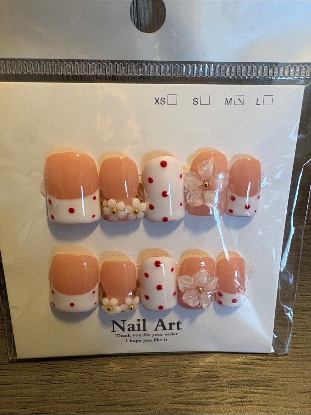 Peach & White Dot Press-On Nail Set with Floral Accents